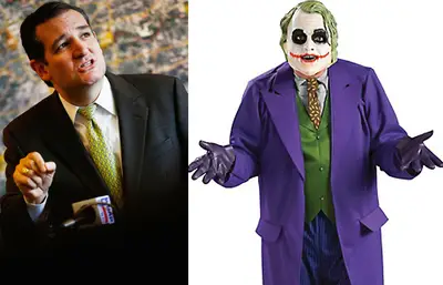 Ted Cruz as the Joker - If the Joker is considered to be one of the greatest villains of all time, then Texas Sen. Ted Cruz has top billing, as the loudest stalwart against Obamacare. Cruz has even pulled tricks out of his sleeves: He staged a 21-hour “filibuster” against the health care law and convinced House Republicans to shut down the government.&nbsp;(Photos from left: Tom Pennington/Getty Images, Courtesy Party City)