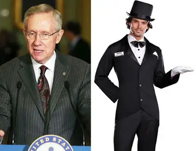 Harry Reid as Alfred Pennyworth - With Harry Reid as Senate majority leader, he’s President Obama’s right-hand man in Congress, just as Alfred Pennyworth was Batman’s confidante and go-to guy. Reid stood closely by the president during the government shutdown, making sure that our leader didn’t cave or compromise.&nbsp;(Photos from left: Mark Wilson/Getty Images, Courtesy Costume Craze)