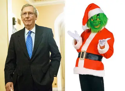 Mitch McConnell as the Grinch - No one likes a Grinch, and Mitch McConnell appears to be getting dirty looks from both sides of the aisle. Democrats don’t like that he’s disparaging Obamacare. Republicans are mad that he had a hand in reopening the government, and the Tea Party, well, they don’t like that he has vowed to not allow for another shutdown.&nbsp;&nbsp;(Photos from left: Andrew Burton/Getty Images, Courtesy Amazon)