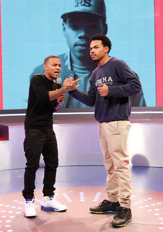 Secret Handshake - Host Bow Wow and recording artist Chance the Rapper do a little handshake while at 106. (Photo:&nbsp; Bennett Raglin/BET/Getty Images)