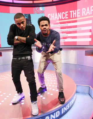 Say What?!!? - Host Bow Wow and recording artist Chance the Rapper acting silly on the set of 106. (Photo:&nbsp; Bennett Raglin/BET/Getty Images)