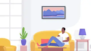 Illustration African American man resting and relaxing in home lying on couch. 