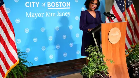 BOSTON, MASSACHUSETTS - MARCH 24: Mayor Kim Janey delivers her inaugural address after being sworn in as the Mayor of Boston at City Hall on March 24, 2021 in Boston, Massachusetts. She is the first woman, and first Black mayor of the city. (Photo by Maddie Meyer/Getty Images)
