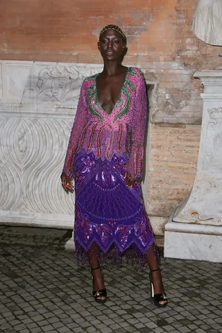 Ravishing In Rome - Jodie Turner-Smith stylishly showed up to the&nbsp;Gucci Cruise 2020 show wearing an extremely low-cut multicolored&nbsp;silk Georgette dress and black platform heels.&nbsp;(Photo: Vittorio Zunino Celotto/Getty Images for Gucci) (Photo: Vittorio Zunino Celotto/Getty Images for Gucci)