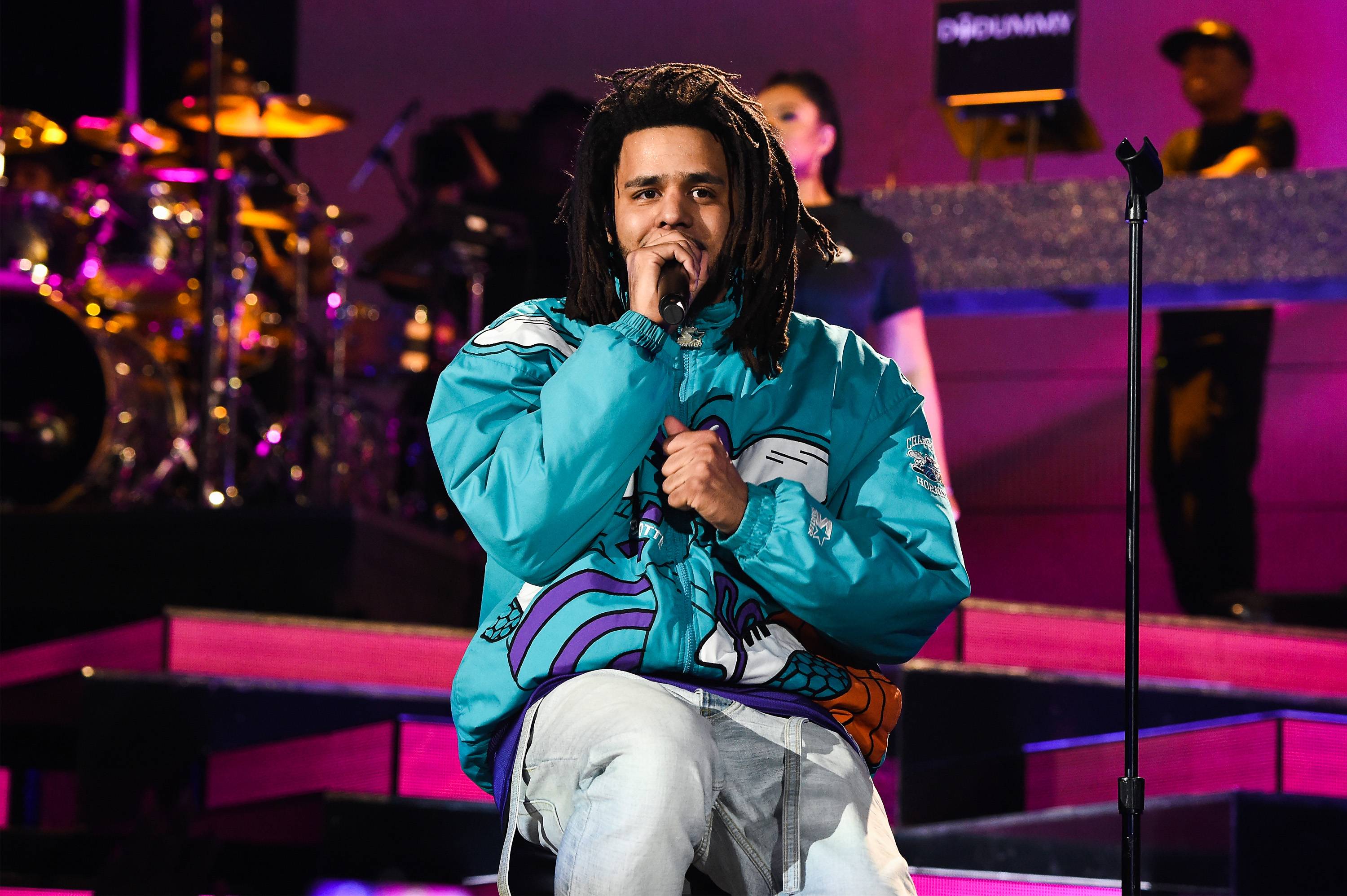 CHARLOTTE, NC - FEBRUARY 17:  J. Cole performs at halftime during the 68th NBA All-Star Game at Spectrum Center on February 17, 2019 in Charlotte, North Carolina.  (Photo by Kevin Mazur/WireImage)