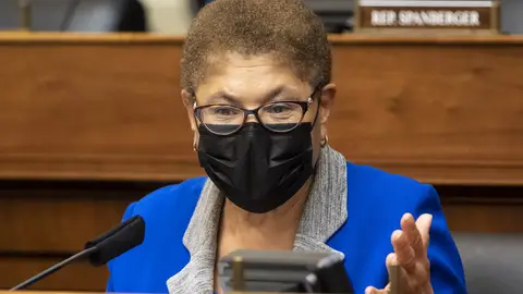 Representative Karen Bass, a Democrat from California, speaks during a hearing in Washington, D.C., U.S., on Wednesday, March 10, 2021. The Biden administration is considering withdrawing all troops from Afghanistan by May 1 as it leans on President Ashraf Ghani to accelerate peace talks with the Taliban, including by supporting a proposal for six-nation discussions that include Iran. Photographer: Ting Shen/Bloomberg