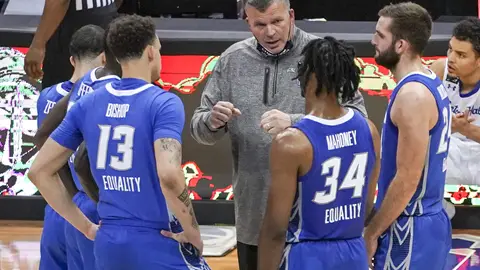 NEWARK, NJ - JANUARY 27:  Head coach Greg McDermott of the Creighton Bluejays talks with his team during the game against the Seton Hall Pirates at Prudential Center on January 27, 2021 in Newark, NJ. (Photo by Porter Binks/Getty Images)