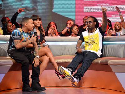 One Love - Rapper Bow Wow and actress Paigion interview rapper Wale on BET's 106 &amp; Park on March 20, 2013 in New York City. (Photo: Mike Coppola/Getty Images for BET)