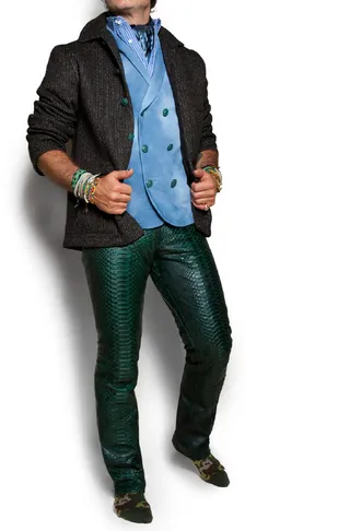 Wild Side - Emerald green is the color of the year and you can get in on the trend with python leather pants. Wear it as is — with a cloth blazer and vest — or break up the pieces and wear separately. But don't forget the camo socks!  (Photo: Jay Kos)