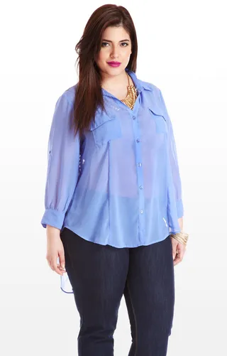 Peekaboo - A sheer top adds a flirty touch to basic jeans. This would look great for a night out or with a contrasting top underneath for a quiet afternoon.(Photo: Fashion to Figure)