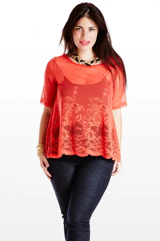 Two for One - You can't go wrong with this short sleeve top as it combines two big trends in one: floral and sheer. (Photo: Fashion to Figure)