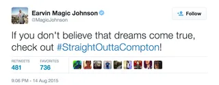 Magic Johnson - The former Los Angeles Laker and now movie theater mogul has nothing but praise for the film.  (Photo: Earvin Magic Johnson via twitter)