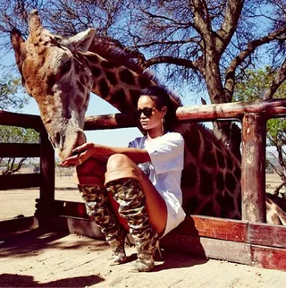 Rihanna @badgalriri - Rih Rih can even make hanging with a giraffe look fierce. She visited a South African zoo on a pit stop while touring. That's one lucky giraffe!(Photo: Instagram via Rihanna)