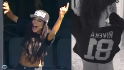 Naya Rivera  - Go No. 81! The Glee star shows love for her brother, Oakland Raiders tight end Mychal Rivera, in a custom crop top and Raiders cap on the day he scored his first NFL touchdown.   (Photos from left: FOX Sports, Naya Rivera via Instagram)