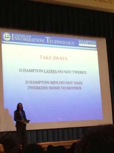 Hampton University Says No Twerking - FAMU earns $13 million research grant, Alabama State dancers at MTV VMAs, plus more HBCU news. — Dominique ZonyééSince Miley Cyrus’s infamous viral video and her performance at the 2013 MTV VMAs, Hampton University has decided to put an end to the booty-shaking dance at the school. A viral image of an HU orientation featuring a slide that read “Hampton University women do not twerk!” made the rounds on social media this week.(Photo: Hampton University)