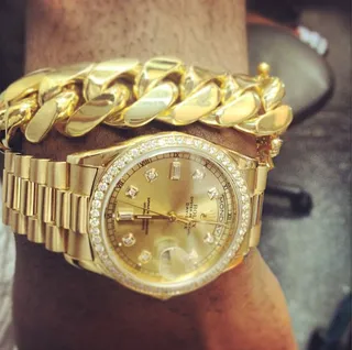 A$AP Rocky  - The rapper looks twice as nice with his gold chain bracelet and diamond Rolex.  (Photo: Instagram via ASAP Rocky)