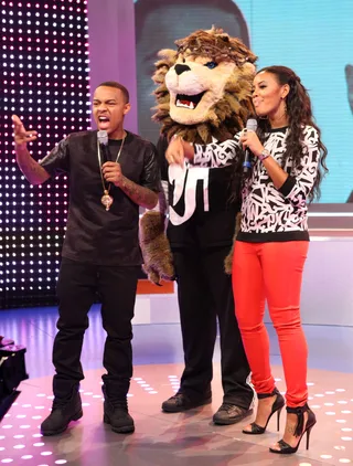 Rawr!  - Host Bow Wow and Angela Simmons get aninalistic on 106.&nbsp;(Photo: Bennett Raglin/BET/Getty Images for BET)