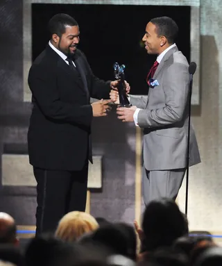 One Brother to the Other - Ice Cube (L) accepts his BET Honors Entertainment Award from rapper/actor Ludacris.&nbsp;(Photo: Larry French/BET/Getty Images for BET)