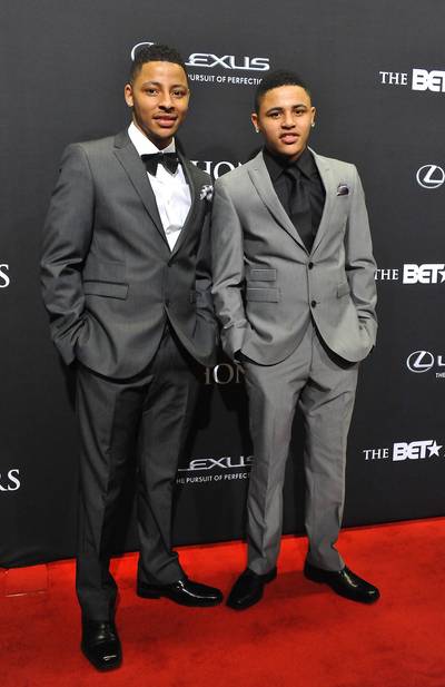 Talent in Their Veins - Singers and brothers Vincent and Vicus Visser of Vfour Music kept it classy in grey, black and white on the red carpet.(Photo: Larry French/BET/Getty Images for BET)
