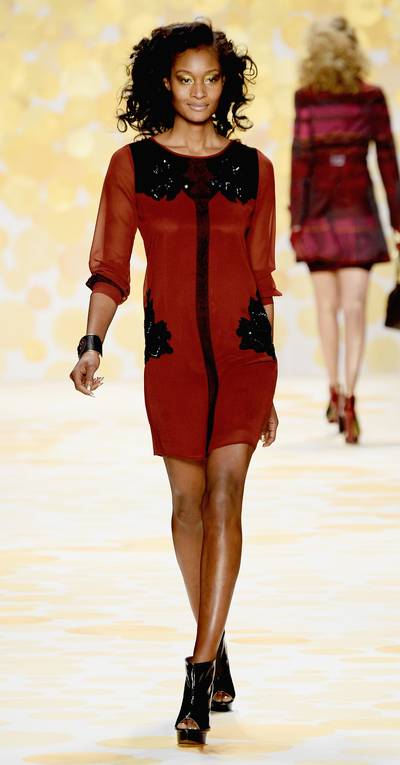 Desigual - Now, this is a dress made for strutting. We’re loving the ultra-feminine details, from the sequin embellished collar to the leaf motif on each hip. (Photo: Frazer Harrison/Getty Images For Mercedes-Benz Fashion Week)