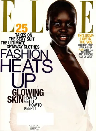 Alek Wek - The Sudanese model’s&nbsp;luminous skin radiates on the cover of Elle magazine’s November 1997 issue. Her distinguished look is timeless.&nbsp;  (Photo: ELLE Magazine, November 1997)