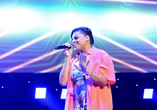 A Mic and A Light - All singer Marsha Ambrosius needed was a mic and a light to bring the audience to its feet on Friday night.(Photo: Earl Gibson/BET/Getty Images for BET)