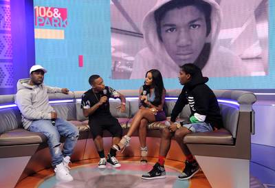 Lean In - Hosts Bow Wow and Angela Simmons with A$AP Ferg and A$AP Rocky at BET's 106 &amp; Park. (Photo: John Ricard/BET/Getty Images for BET)