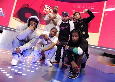 Steady Mobbing - A$AP Mob make a closing pose on the 106 &amp; Park stage. (Photo: John Ricard/BET/Getty Images for BET)