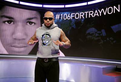 In His Heart - Flo Rida keeps Trayvon in his heart and reps for the fallen soldier on this special edition of #106forTrayvon.(Photo: John Ricard/BET/Getty Images for BET)