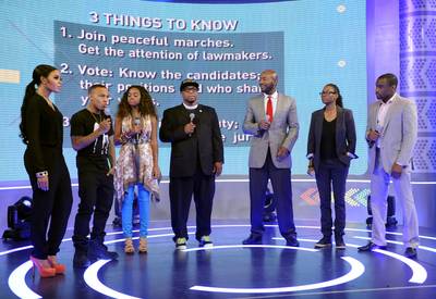 The Coalition - Angela Simmons and Bow Wow talk on a special #106ForTrayvon with Tamika D Mallory, Rev. Lennox Yearwood Jr., Professor Paul Butler, Professor Myisha Cherry and Marc Lamont Hill.&nbsp;(Photo: John Ricard/BET/Getty Images for BET)