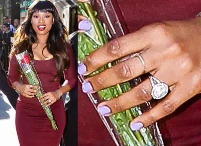 Jennifer Hudson - Take a closer look at Jennifer Hudson’s five-carat engagement stunner from David Otunga, gifted in September 2008. Designed by Neil Lane, the ring has a round center stone and a micro-pave split-shank band.  (Photo: Allan Bregg / Splash News)