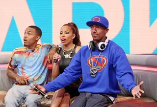 What's Happening? - Bow Wow and Keshia Chante sit with Nick Cannon on the 106 couch. (Photo: Bennett Raglin/BET/Getty Images for BET)