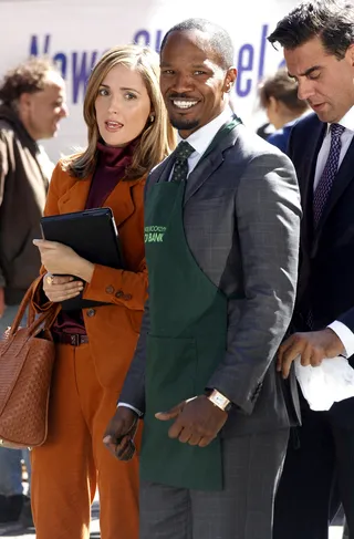 Action! - Jamie Foxx films scenes with Rose Byrne and Bobby Cannavale for the reboot of Annie in New York City. (Photo: Eric Kowalsky, PacificCoastNews.com)