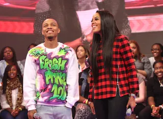 Fresh on 106 - 106 &amp; Park hosts Bow Wow and Angela Simmons smiling on stage at 106. (Photo: Bennett Raglin/BET/Getty Images for BET)