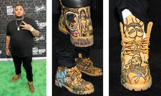 DJ Mustard&nbsp; - DJ Mustard kept things traditional by wearing a pair of Timberland 6-inch premium boots (the "construct" boots). However he added his own twist by having them tricked out with a crazy design by LA-area artist Dave Sebastian.&nbsp;If you like these, check out similar styles at&nbsp;JimmyJazz.com/BET.&nbsp;Get 10% off &amp; free shipping through Nov.15th. Use promo code BET1. Some exclusions apply.(Photos: Getty Images for BET)