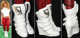 Brianna Perry - Briana Perry kept it couture, wearing a pair of DSquared wedge shoe/sneakers that were as fitting for the red carpet as they were for the club. If you like these, check out similar styles at&nbsp;JimmyJazz.com/BET.&nbsp;Get 10% off &amp; free shipping through Nov.15th. Use promo code BET1. Some exclusions apply.  (Photos: Getty Images for BET)