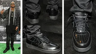 2 Chainz - 2 Chainz went back to the classics, rocking a pair of low-top black-on-black Nike Air Force 1's with patent leather uppers. If you like these, check out similar styles at&nbsp;JimmyJazz.com/BET.&nbsp;Get 10% off &amp; free shipping through Nov.15th. Use promo code BET1. Some exclusions apply. (Photos: Getty Images for BET)