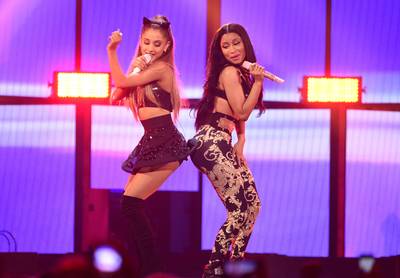 Double Dose - Jessie J may have been missing in action (touring in Europe), but that didn’t stop Nicki Minaj and Ariana Grande from shutting down their verses on her No. 1 hit “Bang Bang” during Minaj’s Friday night set.(Photo: Ethan Miller/Getty Images for iHeartMedia)