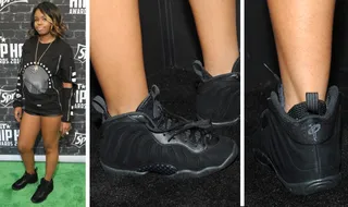 Dreezy - Dreezy made sure she looked street couture. She complemented her Hood by Air top with an all-black pair of suede Nike Foamposites.&nbsp;If you like these, check out similar styles at&nbsp;JimmyJazz.com/BET.&nbsp;Get 10% off &amp; free shipping through Nov.15th. Use promo code BET1. Some exclusions apply.(Photos: Getty Images for BET)