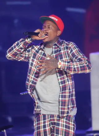 Straight Hitta - Closing out DJ Mustard's set was YG, who came through on a low rider bicycle rocking West Coast plaid. Looks like his crazy life is only getting crazier. (Photo: Brad Barket/BET/Getty Images for BET)