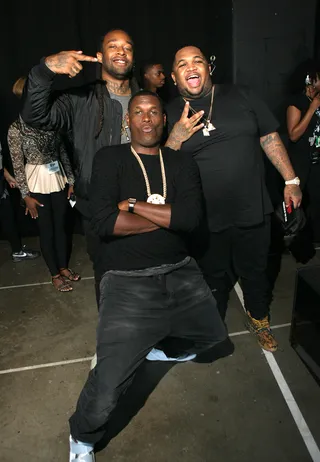 DJ Mustard and Company - Ty Dolla $ign, Jay Electronica and DJ Mustard lean in back stage.  (Photo: Bennett Raglin/BET/Getty Images for BET)&nbsp;