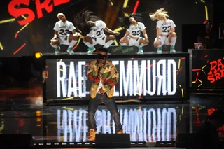 They Know About Us - Slim Jimmy of Rae Sremmurd tears through his verse like a pro while the dancers held it down in the back repping for #TeamSremmurd. (Photo: Brad Barket/BET/Getty Images for BET)