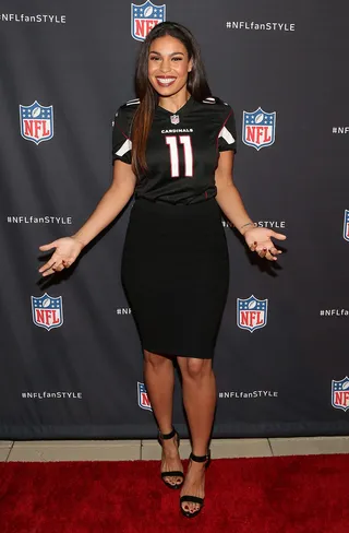 Sporty Chick - Singer Jordin Sparks attends the NFL Inaugural Hall of Fashion Launch Event in a leopard-print pencil skirt and new women's football fan jersey at Pillars 37 in New York City.(Photo: Taylor Hill/Getty Images)
