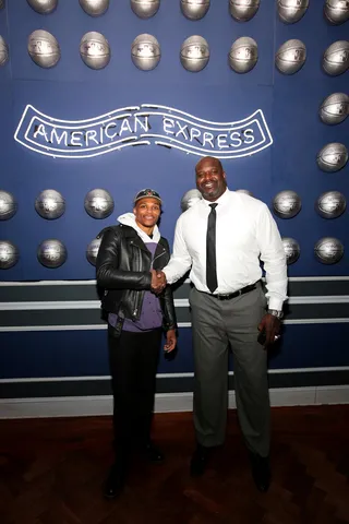 FEB 14:&nbsp;Russell Westbrook and Shaquille O’Neal&nbsp; - Russell Westbrook and Shaquille O’Neal attend The American Express Experience. (Photo by Barry Brecheisen/Getty Images for American Express)