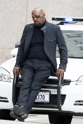 Nick Fury - Samuel L Jackson is spotted on the Ohio set of Captain America 2: Winter Soldier looking bruised and beaten. (Photo: TC/Deano / Splash News)