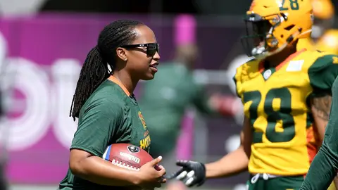 TEMPE, ARIZONA - MARCH 24:  Assistant coach Jennifer King of the Arizona Hotshots during warmups prior to the Alliance of American Football game against the San Diego Fleet at Sun Devil Stadium on March 24, 2019 in Tempe, Arizona. (Photo by Norm Hall/AAF/Getty Images)