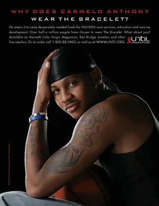 Carmelo Anthony - New York Knicks baller Carmelo Anthony showed his alliance to AIDS and HIV awareness with his “Until There’s a Cure” bracelet for the Until There’s a Cure Foundation.&nbsp;(Photo: Until There's A Cure)