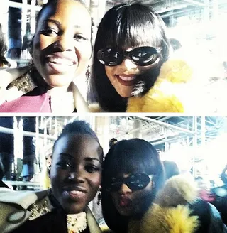 Lupita Nyong'o @lupitanyongo - &quot;#MiuMiu&nbsp;selfie with the sensational Rihanna@badgalriri.&nbsp;#Paris&quot;It only makes sense that Hollywood's new darling&nbsp;would link up with music's leading lady — both ladies are fashion icons! Lupita and Rih were seated side by side in Mui Mui's front row during Paris Fasion Week.(Photo: Lupita Nyong'o via Instagram)