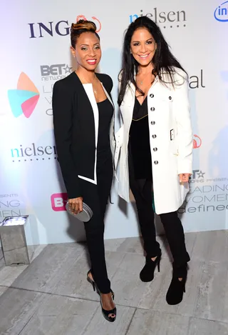 So Chic - Music pioneers MC Lyte and Sheila E are right at home in the fashion world with their coordinating black and white ensembles.&nbsp; (photo: Phelan Marc / BET)&nbsp;