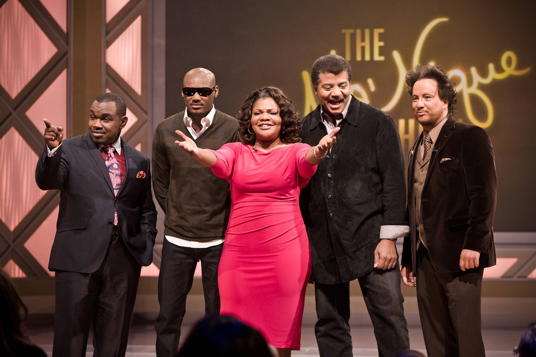 Farewell to Another Great Episode! - From left: Rodney Perry, 2face Idibia, Mo'Nique, Dr. Neil deGrasse Tyson and Giorgio Tsoukalos.(Photo: Darnell Williams/BET)